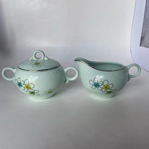 Nobility Permaware Mist Cream & Sugar 1950's Green Background, Outlined Flowers